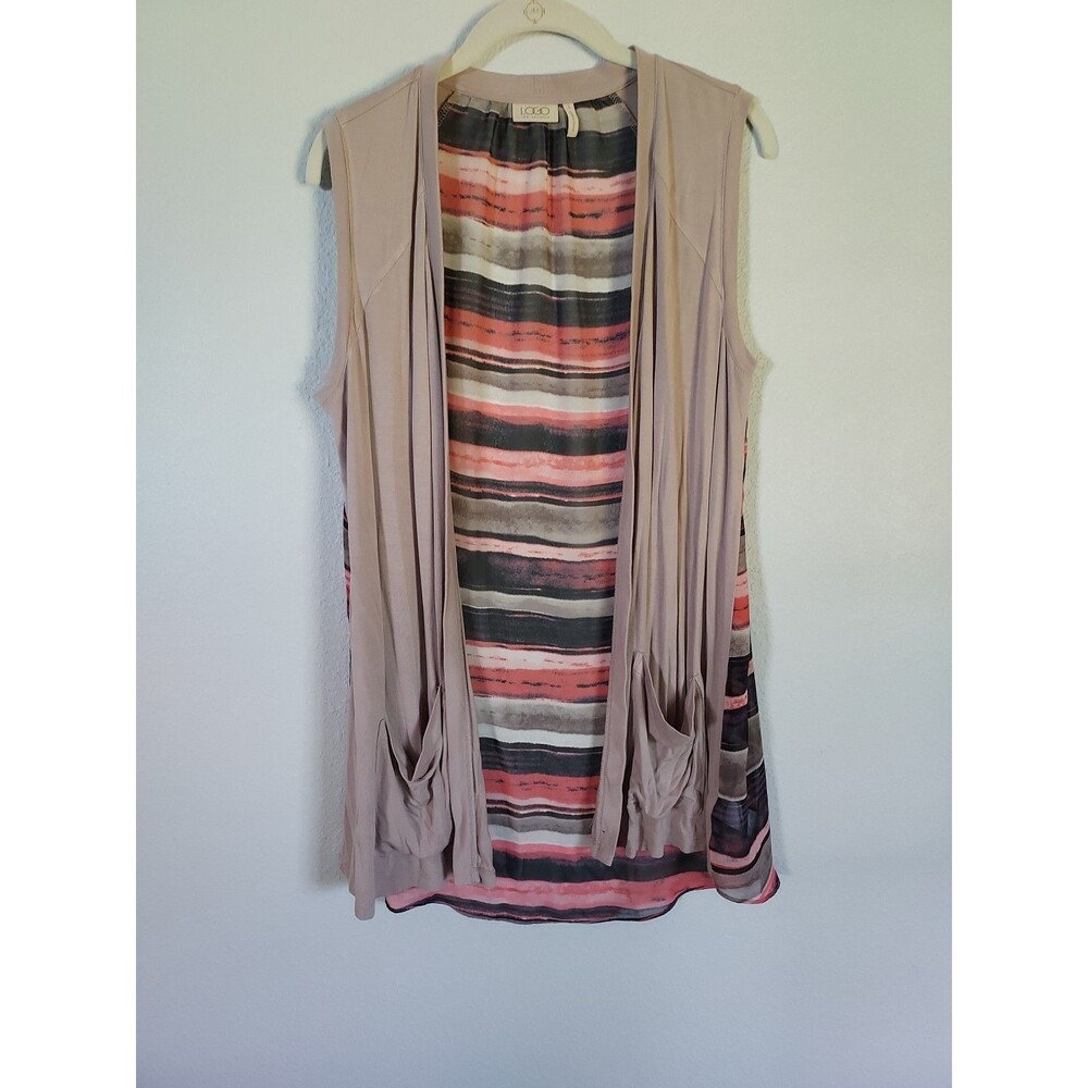LOGO Lori Goldstein Topper Vest Open Front Pockets Taupe Beige Women's Small
